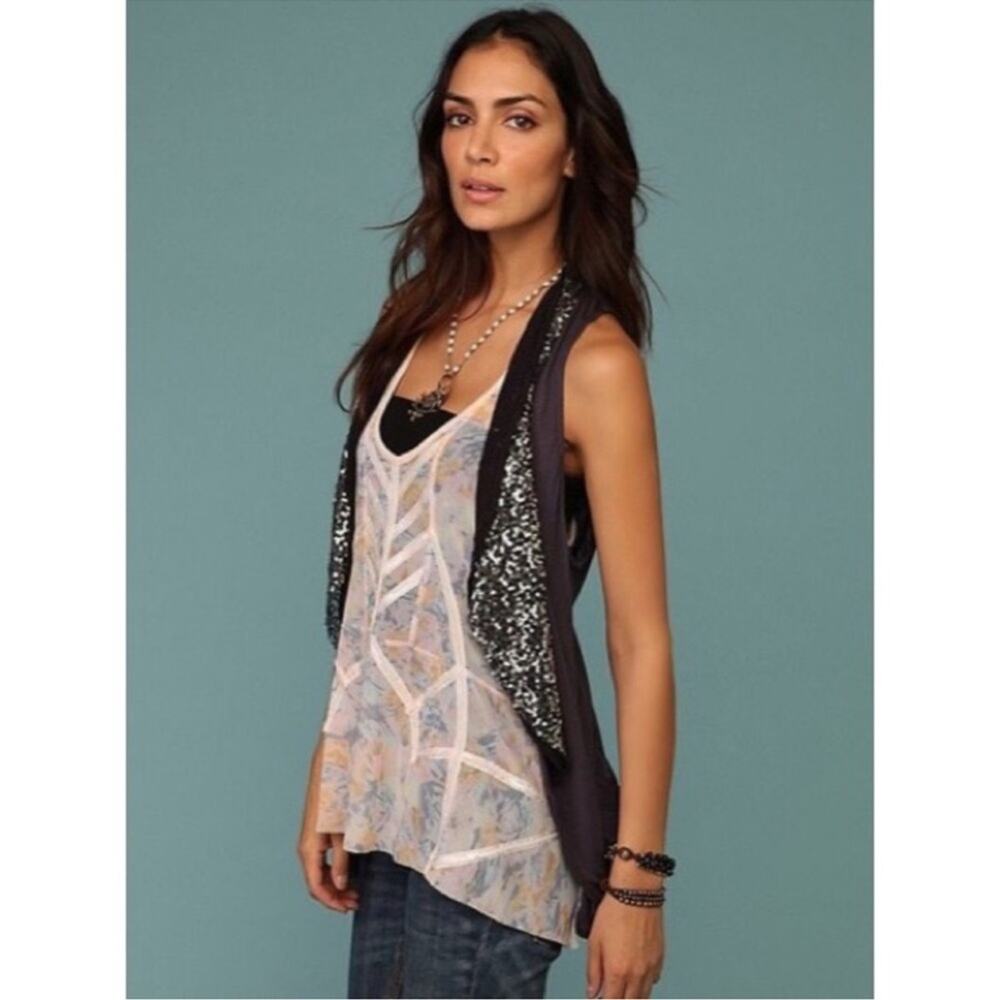 Free People Purple Sequin Vest Viscose Pockets Boho Fairy Festival Indie Glam